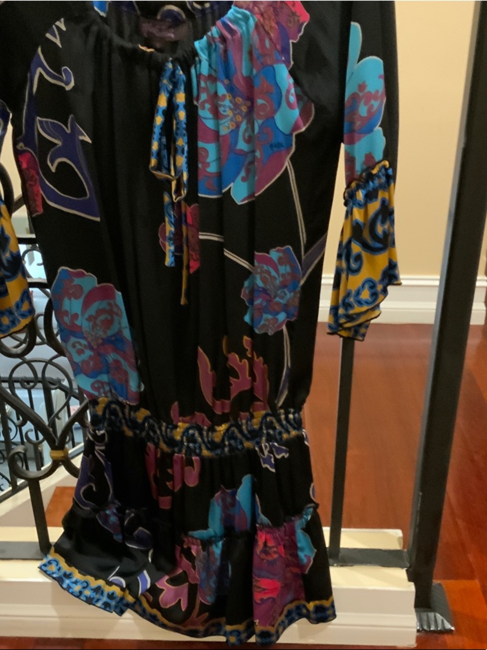 Hale Bob Black Mini Dress with Blue, Purple & Yellow Floral Print